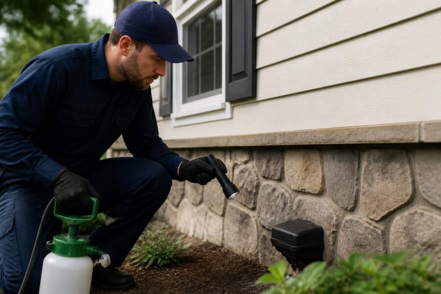 Pest control technician spraying house foundation