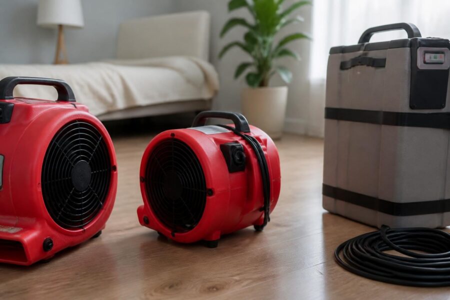 Water damage drying equipment on hardwood floor