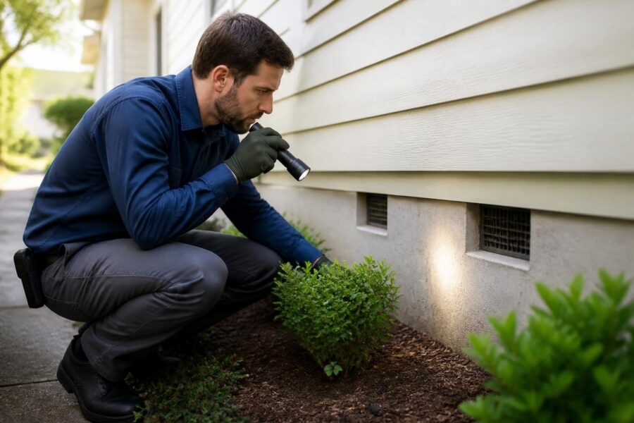Home inspector examining foundation vents with flashlight