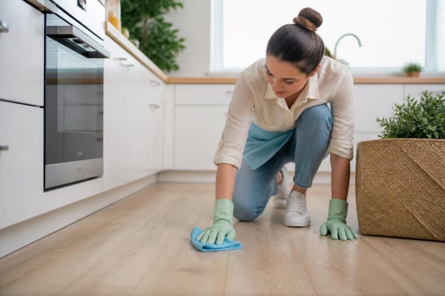 Woman cleaning kitchen floor wearing gloves