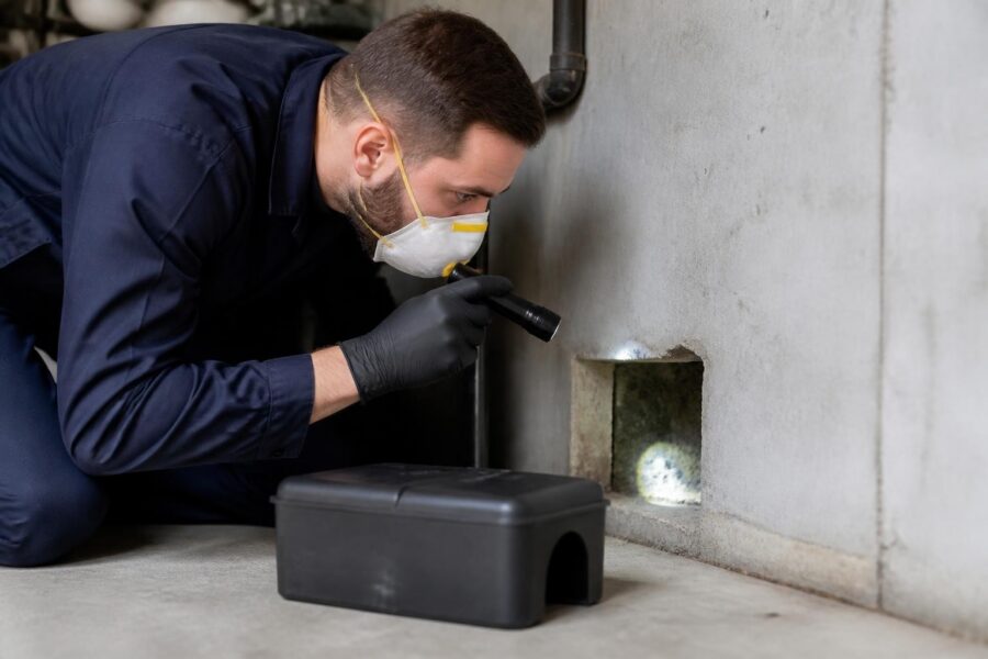 Pest control inspecting rodent hole