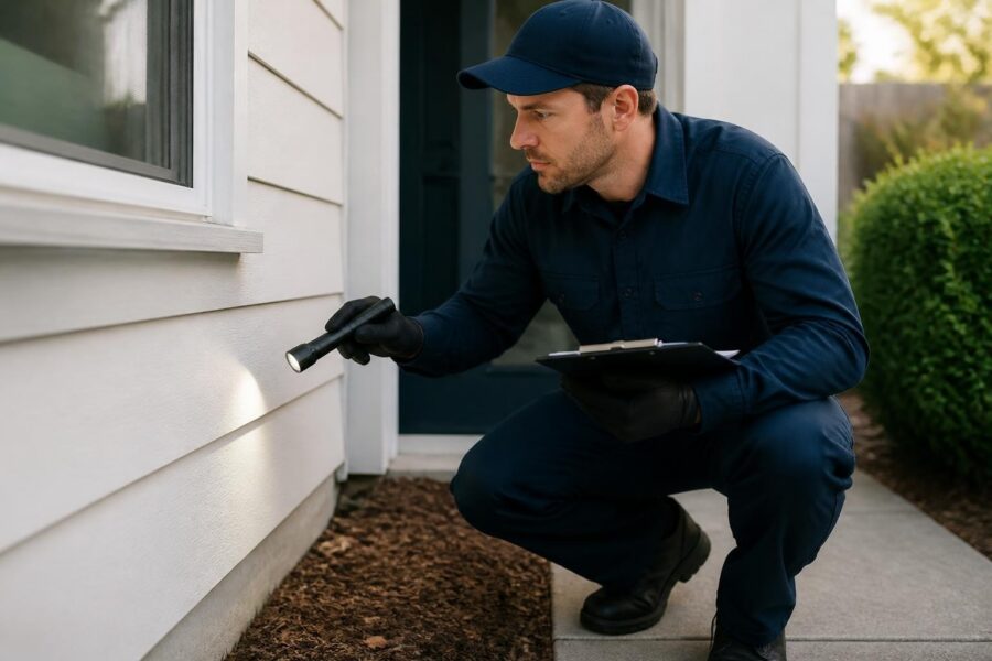 Home inspector checking siding with flashlight