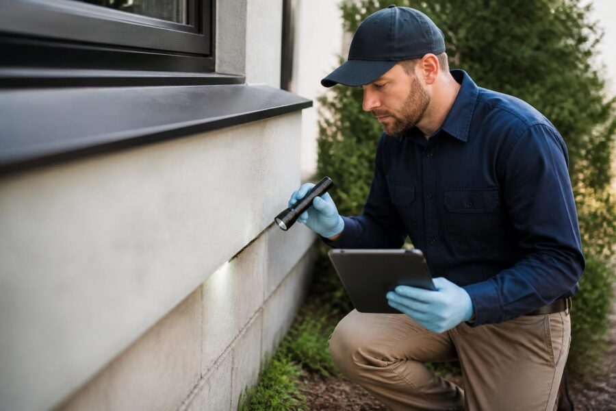 Home inspector examining exterior wall with flashlight