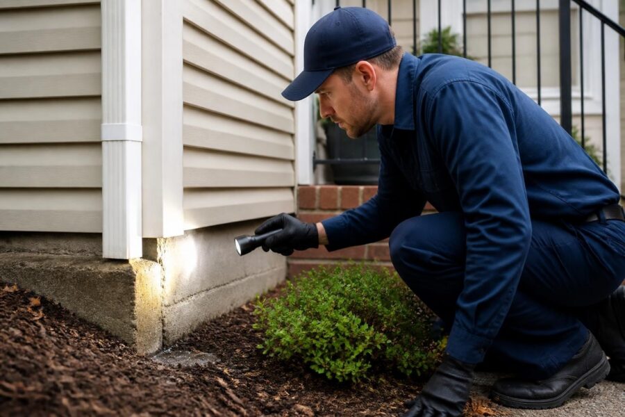 Home inspector checking foundation with flashlight