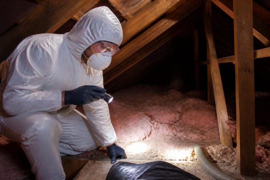 Technician in protective suit inspecting attic insulation