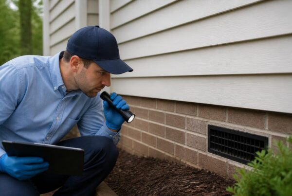 Pest Mgmt: Essential Strategies for Richmond Homes 4 Home inspector examining foundation vent with flashlight