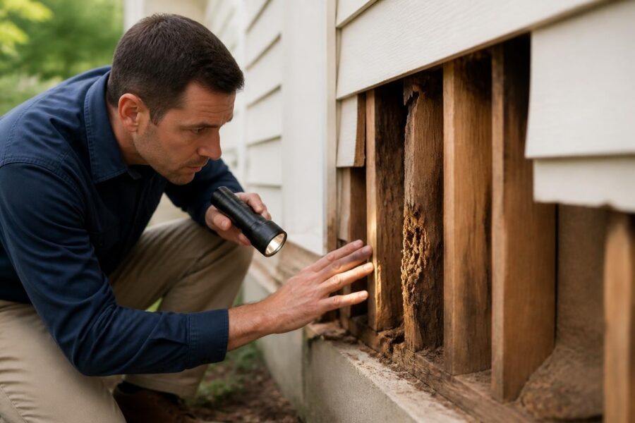 Home inspector examining rotted siding with flashlight