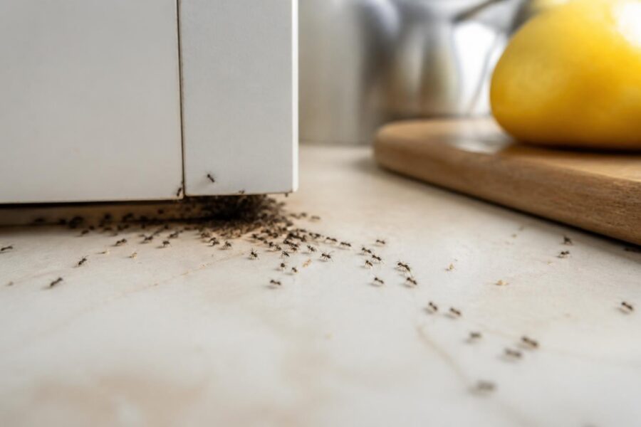 Ants crawling across kitchen countertop near appliance