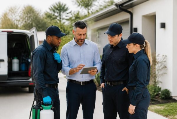 Building an Effective Pest Team for Your Business 4 Homeowner reviewing pest control inspection with technicians