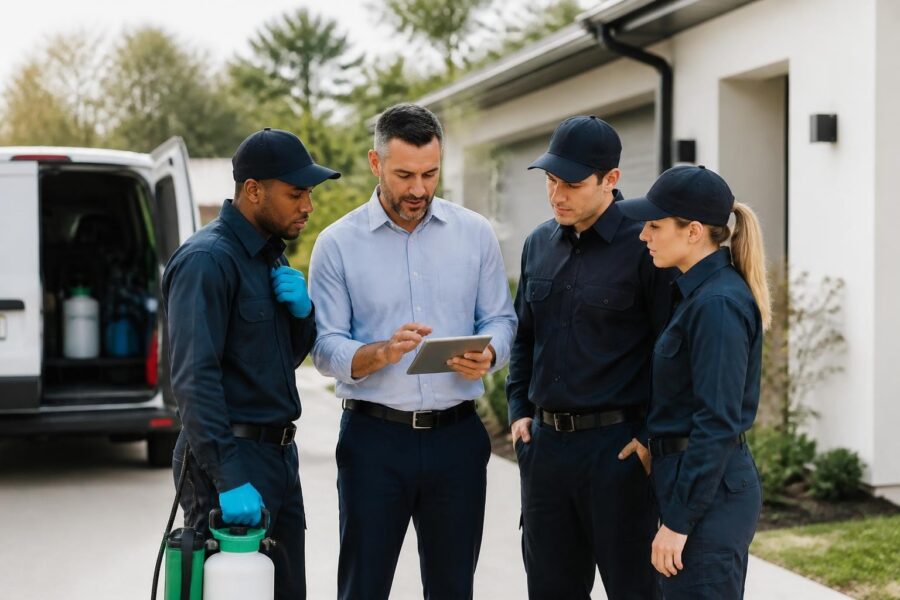 Homeowner reviewing pest control inspection with technicians